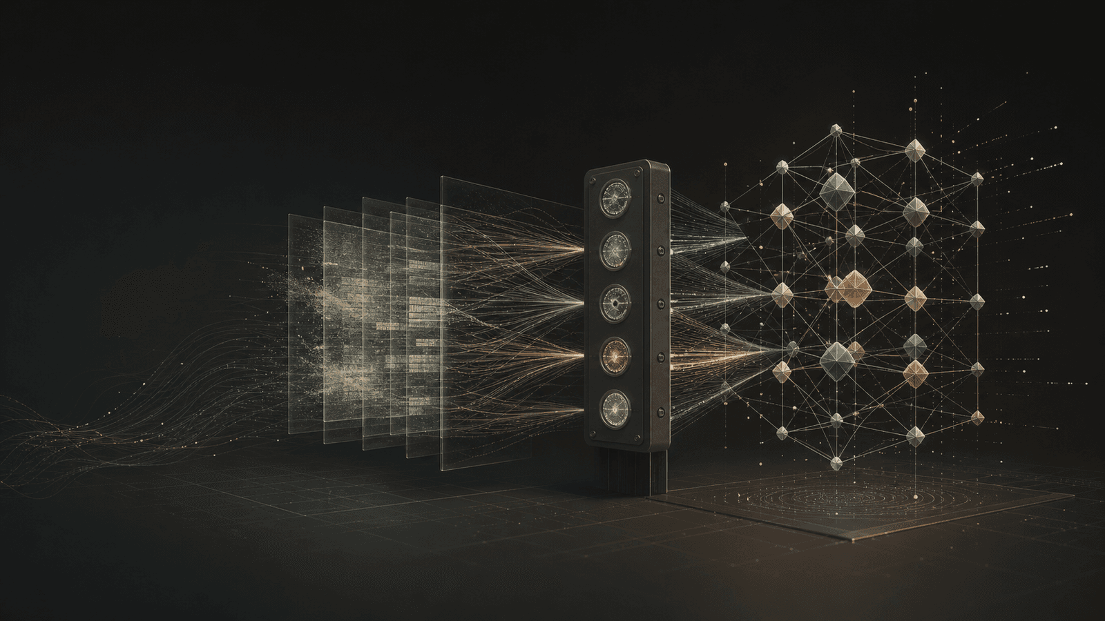 Fixed source data projected through a frozen embedder panel into a structured signal lattice.